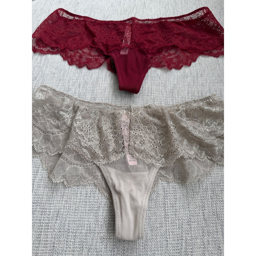 Victorias Secret Dream Angels Wide Side Thong Lace Panty Set XS Burgundy Beige